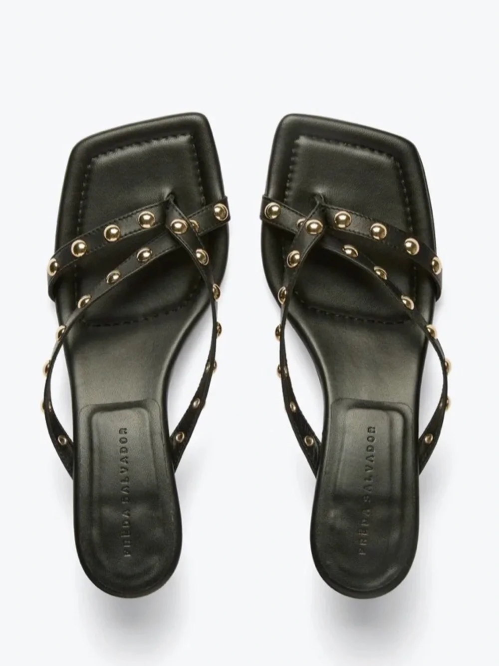 EUC Freda Salvador Elaine Heeled Sandal in Black Napa with Gold Studs size 7